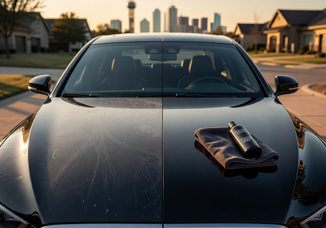 A high-end professional automotive photograph showcasing a direct side-by-side comparison on a single black luxury sedan. The left half of the vehicle's hood displays the results of a basic car wash: dull paint, visible swirl marks, and faint water spots. The right half displays the results of premium DIY detailing: an ultra-glossy, mirror-like finish with deep, crisp reflections. The scene is set in an upscale Dallas driveway with the iconic Dallas skyline and Reunion Tower blurred in the soft-focus background during golden hour. On the premium side, a plush microfiber cloth and a sleek bottle of ceramic coating are neatly placed, emphasizing the DIY process. Cinematic lighting highlights the dramatic contrast in paint depth and clarity. 8k resolution, masterpiece, sharp focus on the center dividing line of the car's surface, hyper-realistic textures. Do not include citation in the image. If text is given, generate in English language.